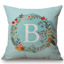 Aqua Blue Flower Wreath Letter Monogram Decorative Sofa Throw Pillow Cases  26 Alphabet Sign Cotton Linen Car Cushion Covers 2024 - buy cheap