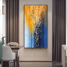 Pintura abstrata em folha de ouro, moderna pintura em árvore amarela com impressões azuis, quadro para parede, para sala de estar e nórdicos 2024 - compre barato