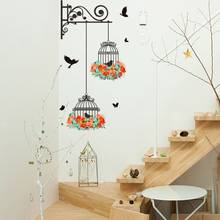 % Colorful Flower birdcage wall sticker decals flying birds plants adhesive living room wallpaper bedroom nursery window decor 2024 - buy cheap