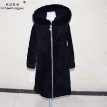 Linhaoshengyue-abrigo largo de oveja para mujer, abrigo de Cachemira con capucha, gorro de piel de zorro, cuello de piel Real, manga larga 2024 - compra barato