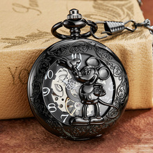 Механические карманные часы с черной мышью, с цепочкой, с гравировкой, с полым корпусом, с изображением животных, с ручным заводом, для мужчин, бронзовые, золотые, серебристые 2024 - купить недорого