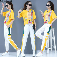 Conjunto deportivo informal de dos piezas para mujer, conjunto de chándal de talla grande, Camisetas estampadas y pantalones, moda coreana, verano 2019 2024 - compra barato