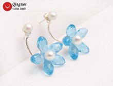 Qingmos Natural Pearl Earrings for Women with 5-6mm White Pearl & Blue Flower Crystal Earring Double Sided Ear Stud Jewelry e706 2024 - buy cheap