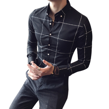 Korean version of the men's slim long-sleeved shirt youth nightclub trend wild plaid shirt hair stylist groomsman clothing shirt 2024 - buy cheap