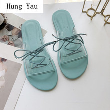 Sandalias de plataforma con cordones para mujer, chanclas planas transparentes, zapatos de cuña a la moda, para verano 2024 - compra barato