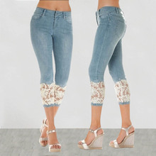 Plus Size 2019 Women Light Blue Denim Crochet Lace Skinny Legs Stretch Pencil Lace Jeans Short 2024 - buy cheap