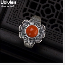 Uglyless-anillo abierto de ágata roja para mujer, 100% Plata de Ley 925 auténtica, hecho a mano, étnico, tailandés, flor, joyería fina 2024 - compra barato