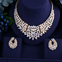 Mais novo ouro-cor design colar de casamento conjunto aaa zircão cúbico conjuntos de jóias de noiva brincos colar promoção níquel livre 2024 - compre barato