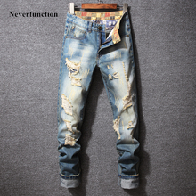 Мужские рваные винтажные синие облегающие джинсовые брюки в стиле хип-хоп 2024 - купить недорого
