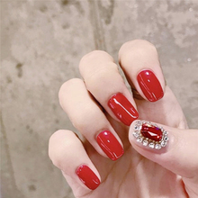 Red and white hit pure color with ruby decoration 3d fake nails Bride full nail tips lady short size decorated false nails 2024 - buy cheap