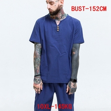 Men's linen large T-shirt cotton large size 7XL 8XL 9XL 10XL summer short-sleeved V-neck casual blue T-shirt 2024 - buy cheap