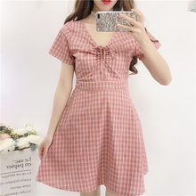 Mori Girl estudiante nueva moda cuello pico ajustado manga corta alta cintura vestido verano suave Plaid A-line College elegante dulce vestido 2024 - compra barato