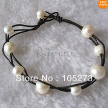 Lovely Pearl Jewelry 8inch AA 6-11MM White Color Natural Freshwater Pearl Bracelet Black Leather Women's Style New Free Shipping 2024 - buy cheap