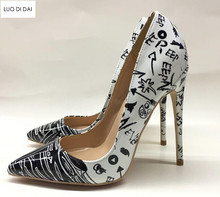 2019 fashion women graffiti pumps wedding shoes cartoon print pumps pointed toe high heels dress party shoes white stilettos 2024 - buy cheap