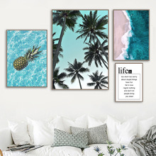 Ананас пальмовое дерево синее море пляж художественная стена с цитатой Холст Картина скандинавские плакаты и принты настенные картинки для декора гостиной 2024 - купить недорого