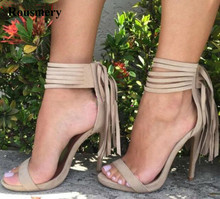 Summer New Fashion One Strap Suede Leather High Heel Tassels Sandals Ankle Straps Wrap Fringes Gladiator Sandals 2024 - buy cheap