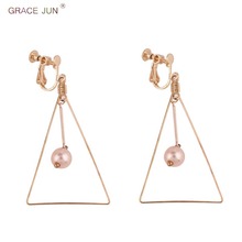 GRACE JUN Korea Style Design Crystal Pearl Triangle Round Shape Clip on Earrings No Pierced for Women Charm Luxury Ear Clip New 2024 - buy cheap