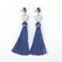 Bohemia Boho Dark Navy Blue Fabric Thick Tassel Black Rhinestone Cap White Heart Connector Studs Dangle Tassel Earring For Women 2024 - buy cheap