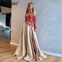 Платье с длинным рукавом Sofuge, Вечернее красное с кружевной аппликацией, сатиновое, для арабских и мусульманских случаев 2024 - купить недорого