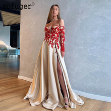 Sofuge Long Sweetheart Sleeve Off The Shoulder Evening Dresses Red Lace Appliques Satin Arabic Muslim Special Occasion 2024 - buy cheap