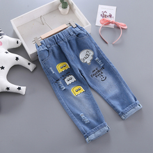 Jeans para meninas crianças, roupas casuais para crianças, calça longa estampa de letras, jeans para meninas, jeans rasgado solto 2024 - compre barato