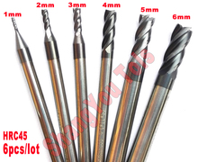 6 pçs/set 1 mm, 2 mm, 3 mm, 5 mm, 6 mm hrc45 4 flautas plano end mills Bit espiral de fresagem cortador ferramentas Carbide CNC fresas fresa de topo 2024 - compre barato