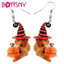 Bonsny Acrylic Halloween Sweet Pumpkin Hat Labrador Dog Earrings Cartoon Animal Jewelry For Women Girls Teens Party Accessories 2024 - buy cheap