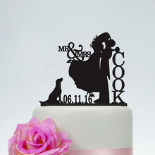 Decoración personalizada de la parte superior del pastel, silueta de novia y novio con nombre de Perro y fecha, adornos para tartas de boda 2024 - compra barato