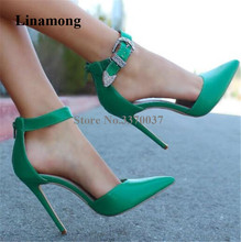 Women Elegant Fashion Pointed Toe Stiletto Heel Pumps Green Leather Ankle Strap Metal Buckles High Heels Formal Dress Shoes 2024 - buy cheap