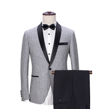 Ternos masculinos gola xale 2 peças, slim fit cinza, jaqueta de lã para casamento (blazer + calça + gravata) 2024 - compre barato