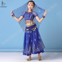 New Kids Belly Dancing India Children Dance Bollywood Costume Set Sari Outfit Halloween Chiffon Top Belt Skirt Veil Headpiece 2024 - buy cheap