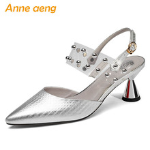 2019 New Summer Genuine Leather Women Sandals High Heel Pointed Toe Buckle Metal Rivet Sexy Ladies Women Shoes Silver Pumps 2024 - buy cheap