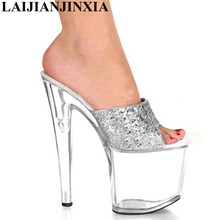 Laijianjinxy salto alto stiletto 8 tamanhos, com plataforma de 10cm, chinelos sexy plus size 34-46 2024 - compre barato