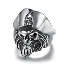 Size 8 -13 Cool Man Rock Punk Fashion Viking Caption Beard Skull Hooded Rings For Men Stainless Steel Priate Rings for Biker men 2024 - buy cheap