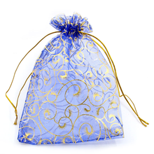 Doreen Box hot-  Organza Drawable Wedding Gift Bags&Pouches Royal Blue W/Golden Flower Pattern 19.5x13.5cm,30PCs (B24396) 2024 - buy cheap