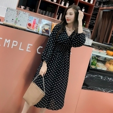 Vestido feminino estilo moderno moderno moderno, vestido longo retrô, estampa de bolinhas, com manga lanterna, moda coreana, 2019 2024 - compre barato