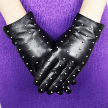 Genuine Leather Gloves Female Fashion Rivet Winter Warm Plus Velvet Thicken Classic Black Sheepskin Woman Gloves DQ205 2024 - buy cheap