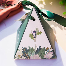 Triangular Pyramid Wedding Favors Green forest style lovely bird Candy Boxes Bomboniera Party Gift Box+ribbon+card 100pcs 2024 - buy cheap