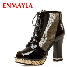 ENMAYLA Summer Ankle Boots Women Platform Shoes Peep Toe High Heels Ankle Boots Lace-up Mesh Stitching Shoes Women Pumps 2024 - compra barato