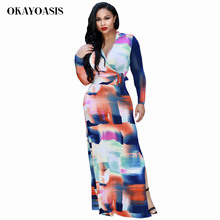 OKAYOASIS Sexy Maxi Dress 2017 Women Long Sleeve Print Autumn Deep-V Party Dresses Vintage Bodycon Dress Vestido De Festa 2024 - buy cheap