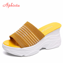 Aphixta Cotton Fabric Platform Wedge Slippers Women Shoes Mules Clog Gingham Sandals Girls Flip Flop Slides Pantuflas De Mujer 2024 - buy cheap