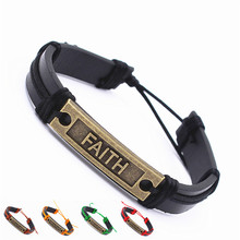 Faith Bracelet Adjustable Black Leather Bracelet  Bronze metal plate stamped Faith Unisex Colorful rope gift for him boys men 2024 - buy cheap