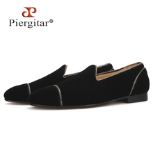 Piergitar 2019 Black colors velvet handmade men's loafers with Zippers design party and wedding smoking slippers leather insole 2024 - buy cheap