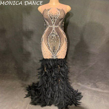 Vestido sensual de perspectiva com penas pretas, festa à noite, strass, aniversário, comemoração, traje, apresentação, cantor 2024 - compre barato