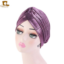Turbante fruncido metálico para mujer, tocado musulmán, Turbante Hijab, accesorios para el cabello 2024 - compra barato