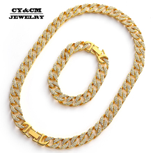13mm Iced Out Miami Cuban Link Crystal Necklace Choker Bling CZ Rhinestone Hip Hop Gold Silver Color for Men Chain Bracelet Set 2024 - buy cheap
