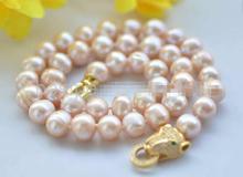 Beautiful 18" 9-10mm Round pink Freshwater Pearl Necklace leopard CZ clasp 36" 2024 - buy cheap