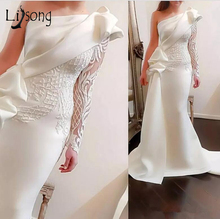 Elegant One Shoulder Mermaid Long Prom Dresses 2018 White Long Sleeves Prom Gowns Satin Ruched Ruffles Applique Sweep Train 2024 - buy cheap