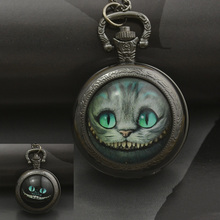 Модные кварцевые карманные часы alice in wonderland с кошкой, ожерелье, женские часы-брелоки, черная круглая выпуклая линза, стеклянная для фотографии леди 2016 2024 - купить недорого