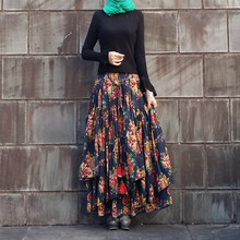 Женская длинная юбка с цветочным принтом, длинная трапециевидная юбка из хлопка и льна с эластичным поясом в китайском стиле, Новинка осени 2020 2024 - купить недорого
